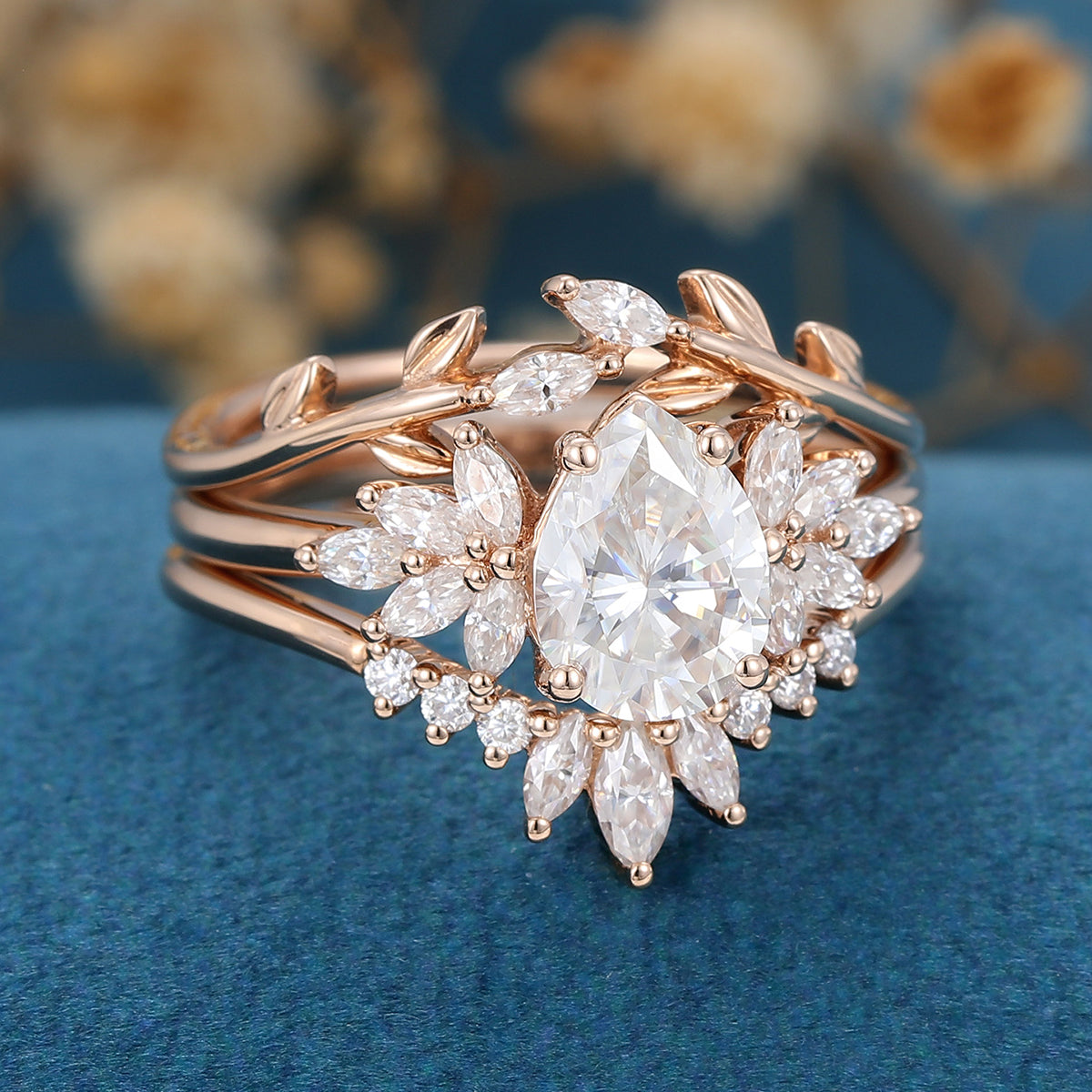3PCS Pear Moissanite Cluster Engagement ring Bridal Set 