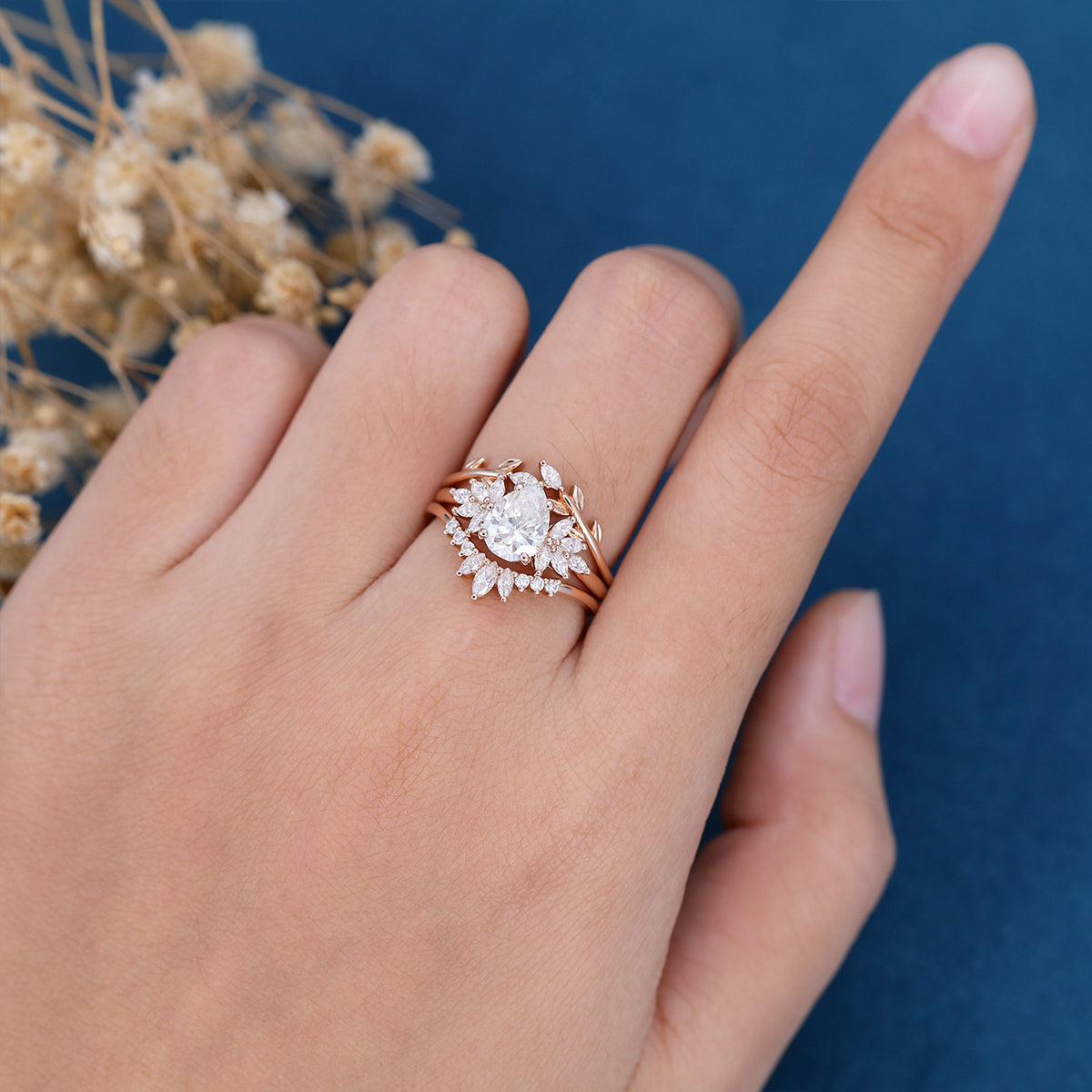 3PCS Pear Moissanite Cluster Engagement ring Bridal Set 