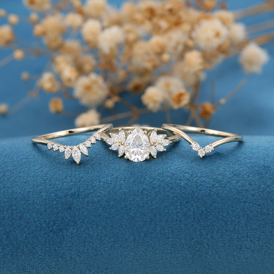 3PCS Pear cut Moissanite Cluster Engagement ring Bridal Set 