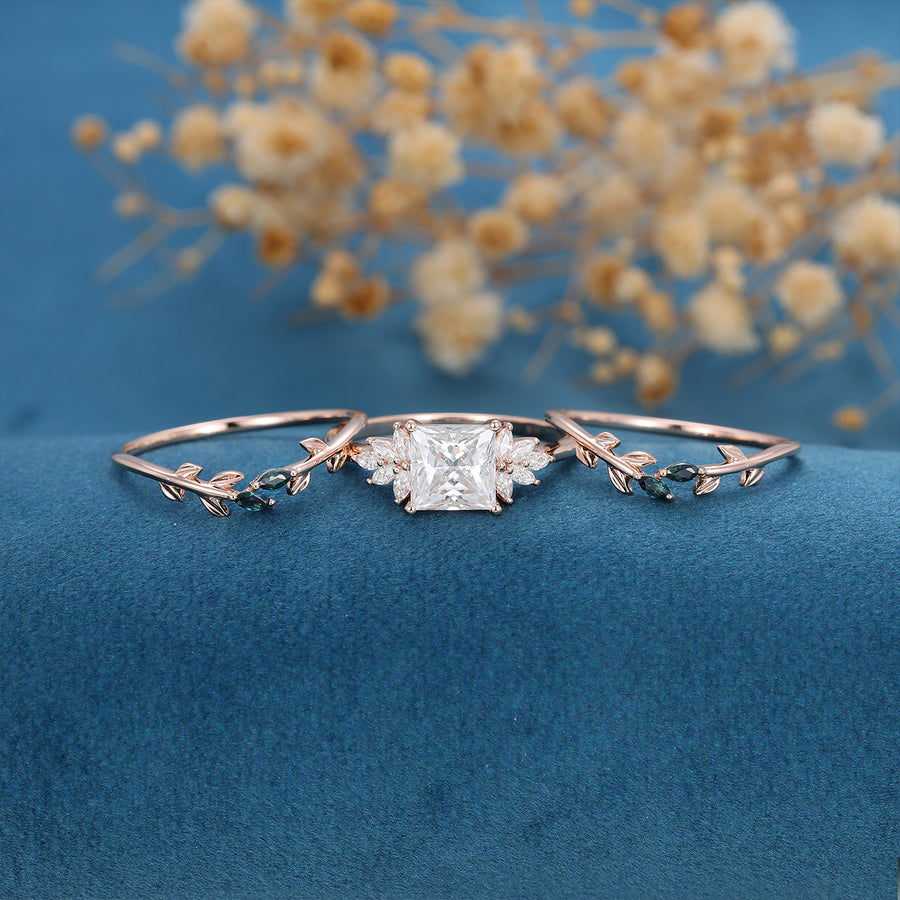 3PCS 2 Carat  Princess cut Moissanite cluster Engagement Ring Bridal Set 