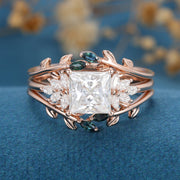 3PCS 2 Carat  Princess cut Moissanite cluster Engagement Ring Bridal Set 