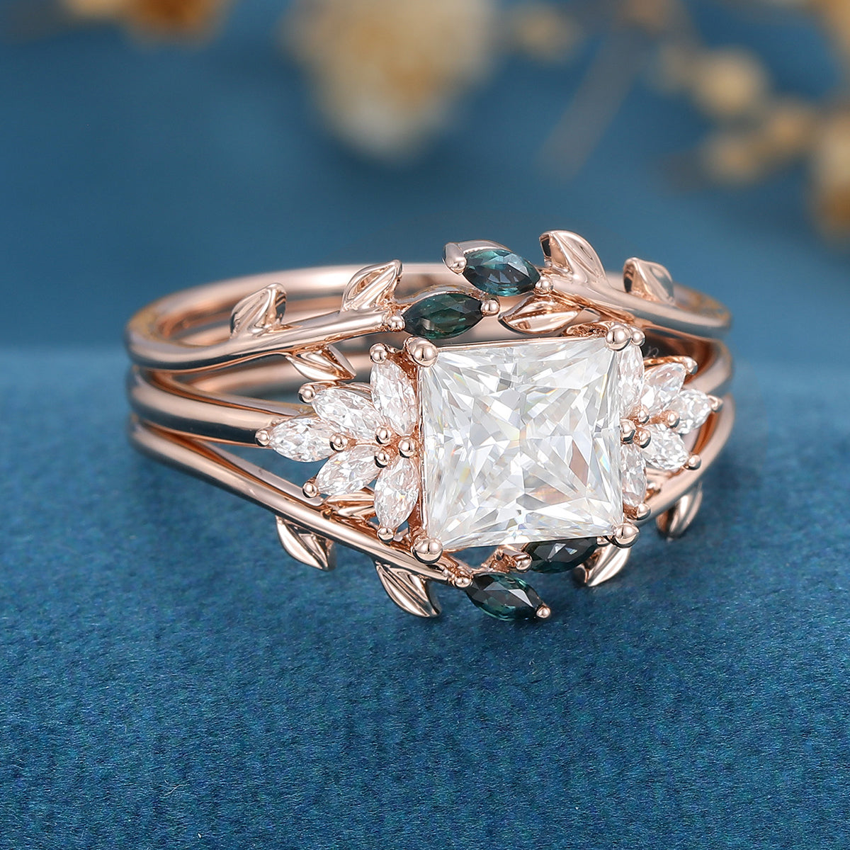 3PCS 2 Carat  Princess cut Moissanite cluster Engagement Ring Bridal Set 