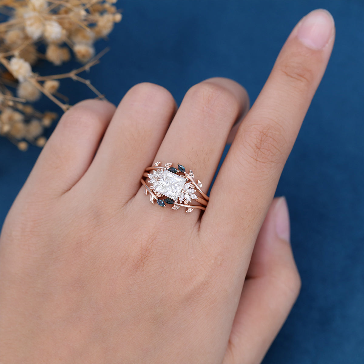 3PCS 2 Carat  Princess cut Moissanite cluster Engagement Ring Bridal Set 