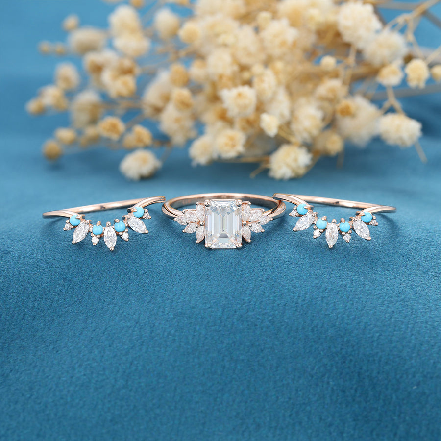 3PCS Emerald Moissanite Cluster Engagement ring Bridal Set 
