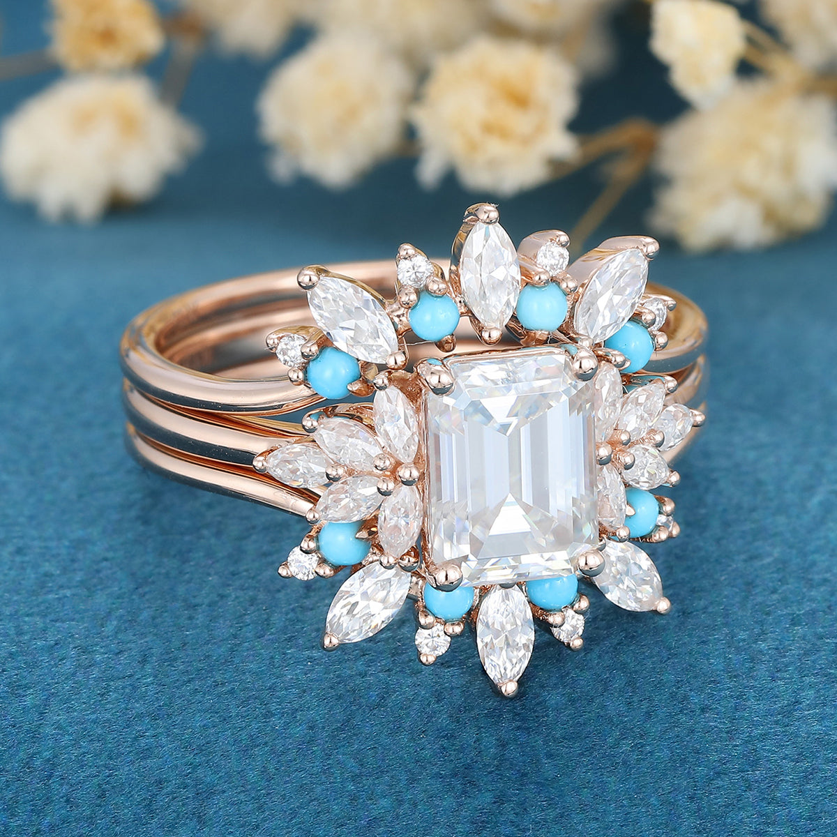 3PCS Emerald Moissanite Cluster Engagement ring Bridal Set 