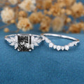 Emerald cut Black Rutilated Quartz Engagement ring Bridal Set 