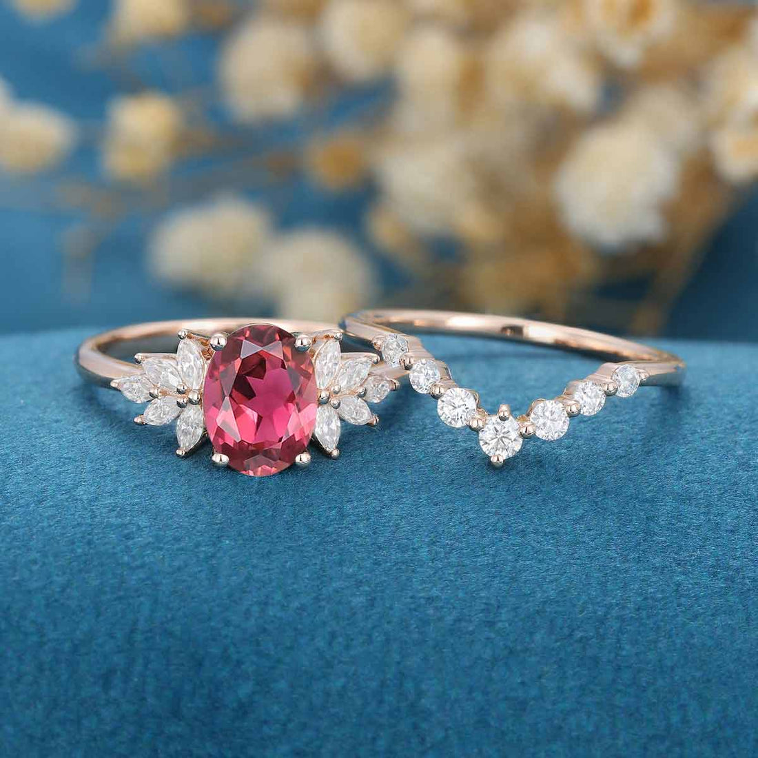 Oval cut Tourmaline Cluster Engagement ring Bridal Set