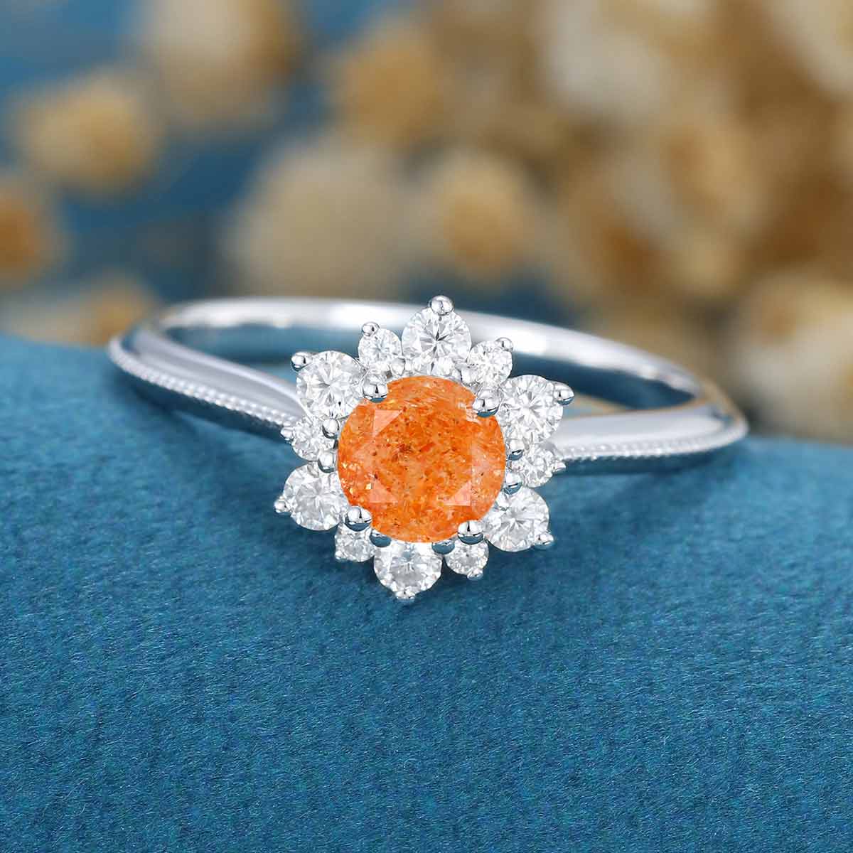 5mm Round cut Sunstone Flower Halo Engagement ring 