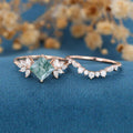 Natural Green Moss Agate Princess cut cluster Engagement Ring Bridal Sets 