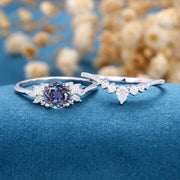 2PCS Round Alexandrite Cluster Engagement Bridal Set 