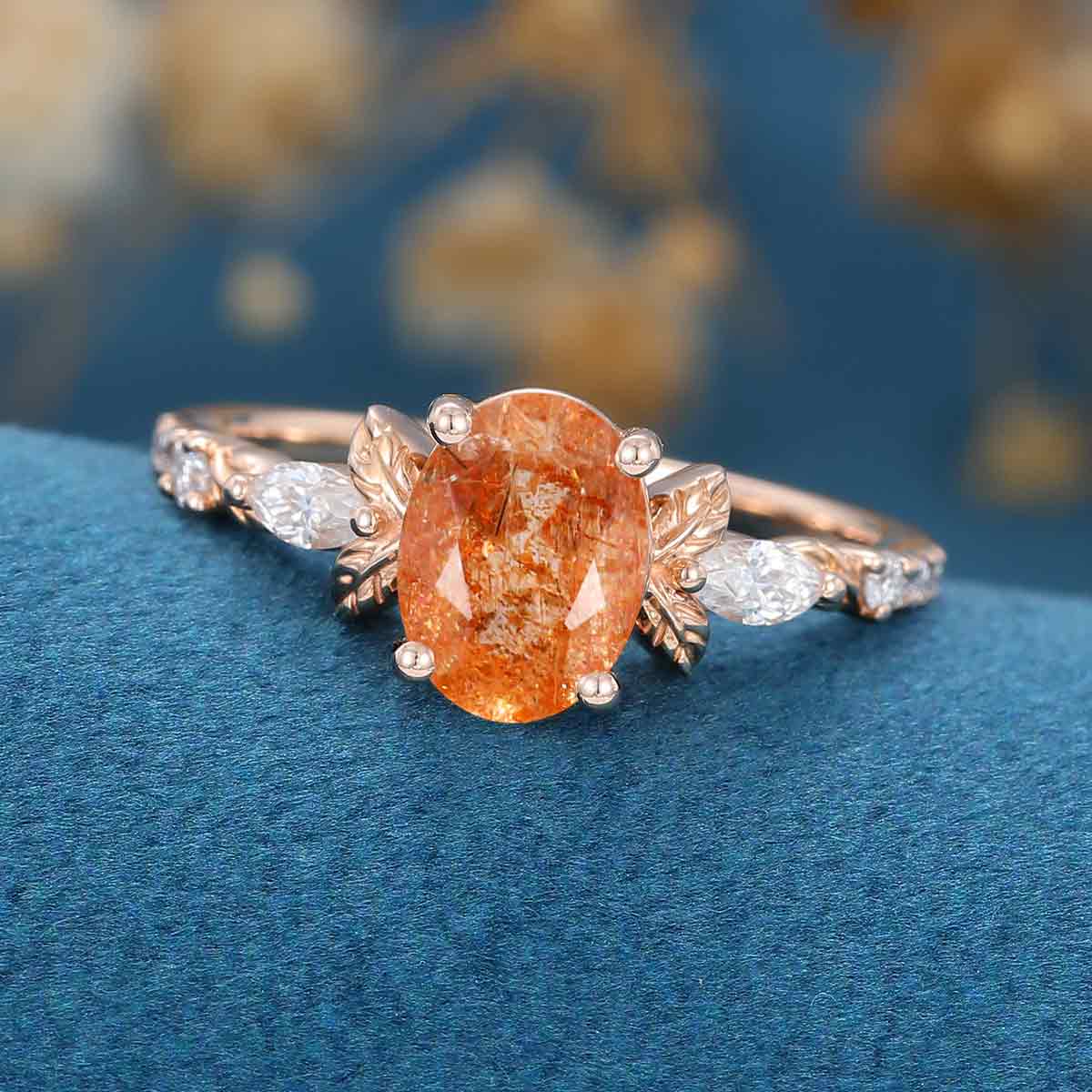 Oval cut Sunstone Cluster Engagement Ring 