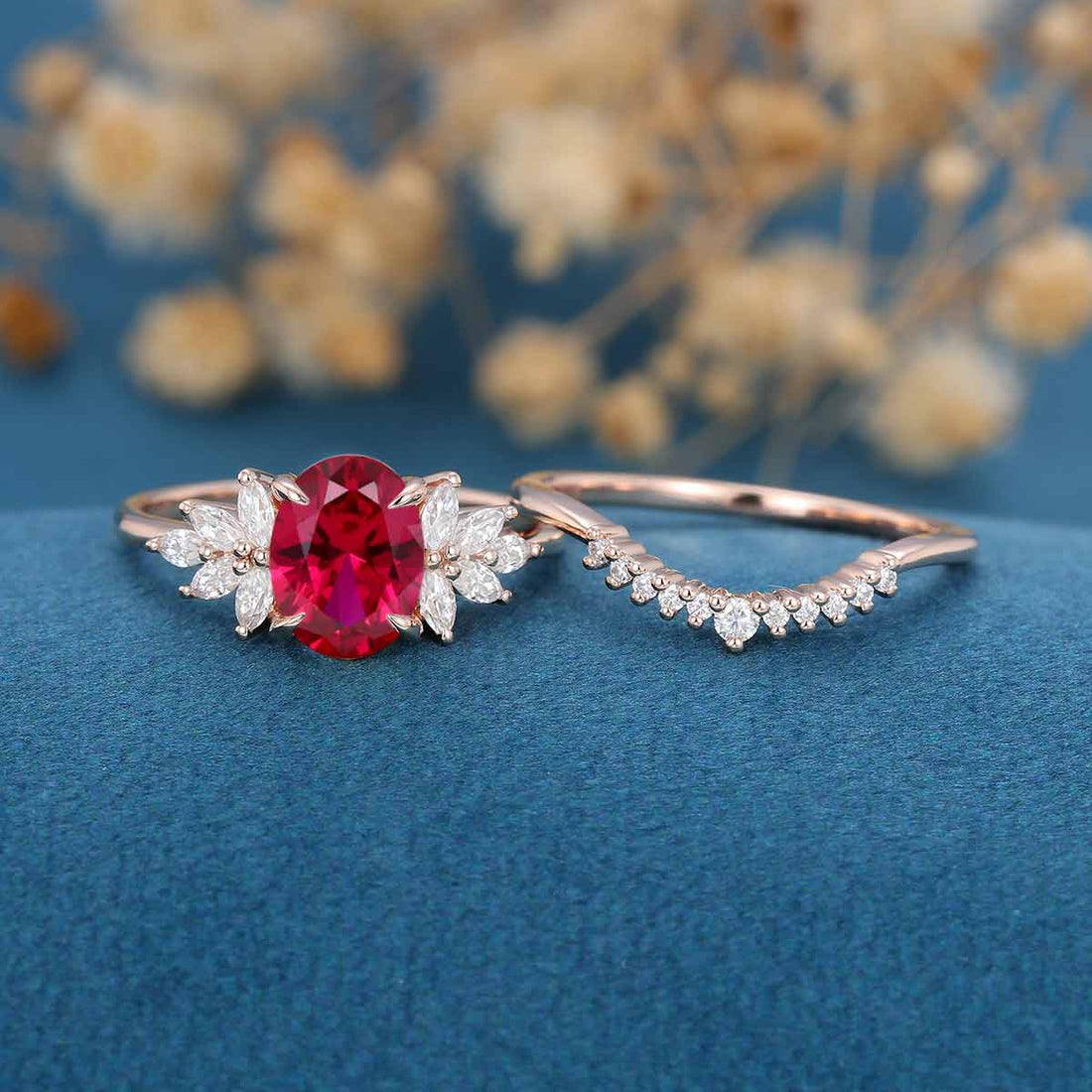 Oval cut Lab Ruby Cluster Engagement ring Bridal Set