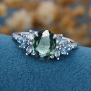 Oval cut Blue Green Sapphire Cluster Engagement Ring 