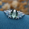 Oval cut Blue Green Sapphire Cluster Engagement Ring 