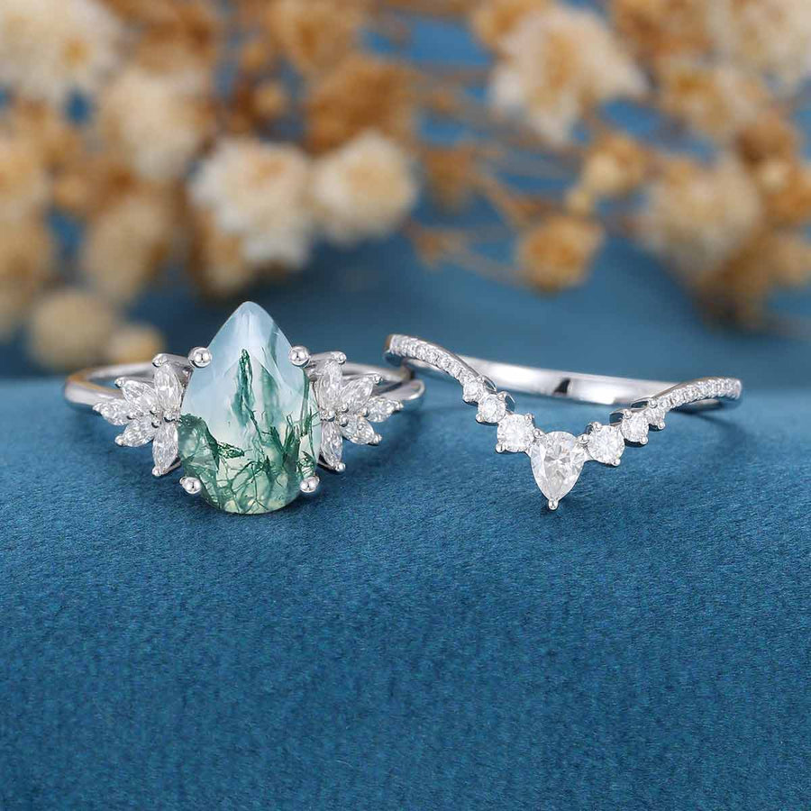 Natural Green Moss Agate 8*12 mm Pear Cut Engagement ring Bridal Sets 