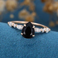 Pear cut Black Onyx Cluster Engagement Ring 