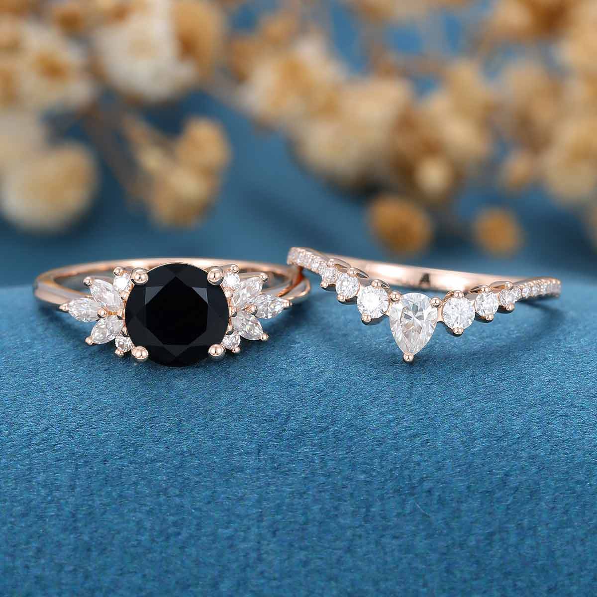 2PCS Round Black Onyx Cluster Engagement Bridal Set 