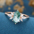 Natural Green Moss Agate Long Hexagon Cut Cluster Engagement rings 