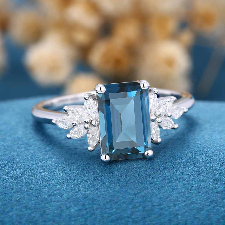 6*9mm Emerald cut London Blue Topaz Cluster Engagement Ring 