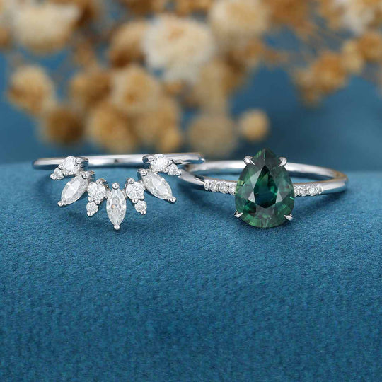 Pear Blue Green Sapphire Halo Engagement Ring Bridal Set 