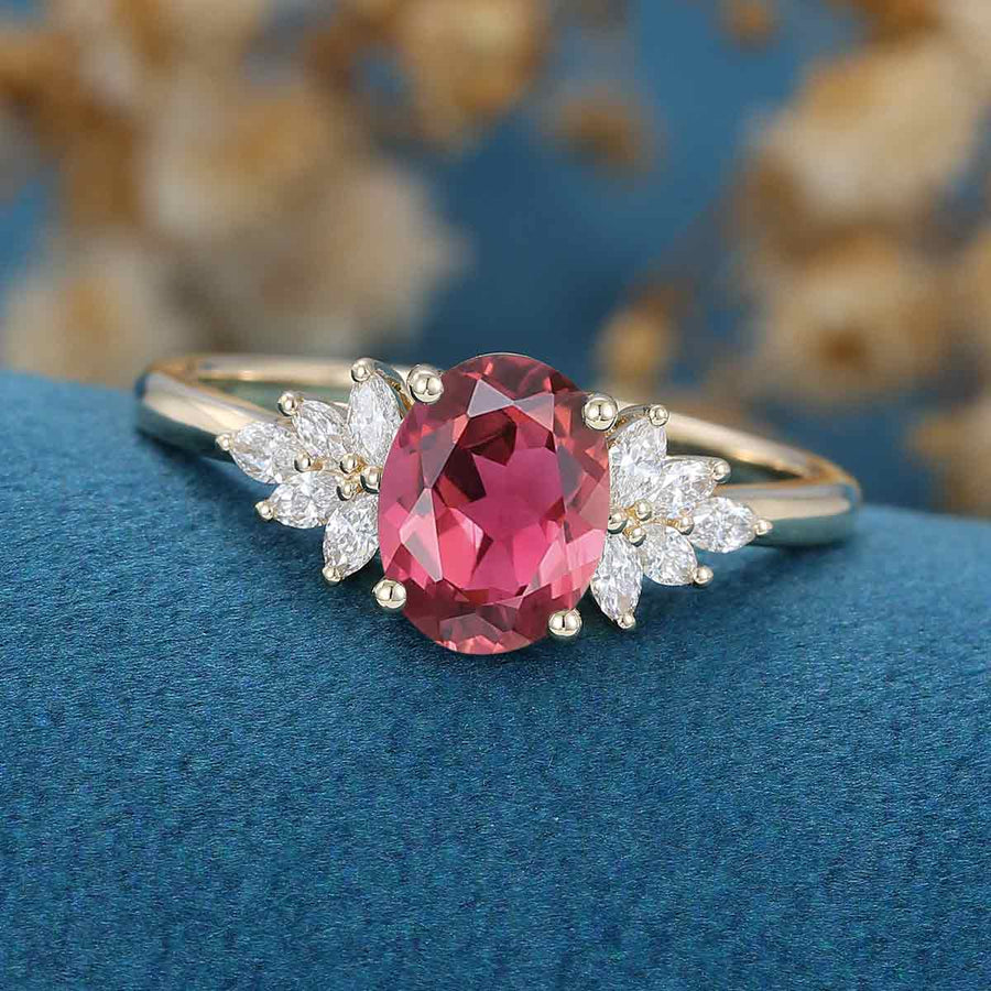 Oval cut Tourmaline Cluster Engagement Ring 