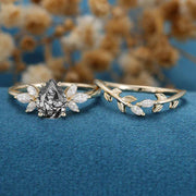 Pear cut Black Rutilated Quartz Engagement ring Bridal Set 
