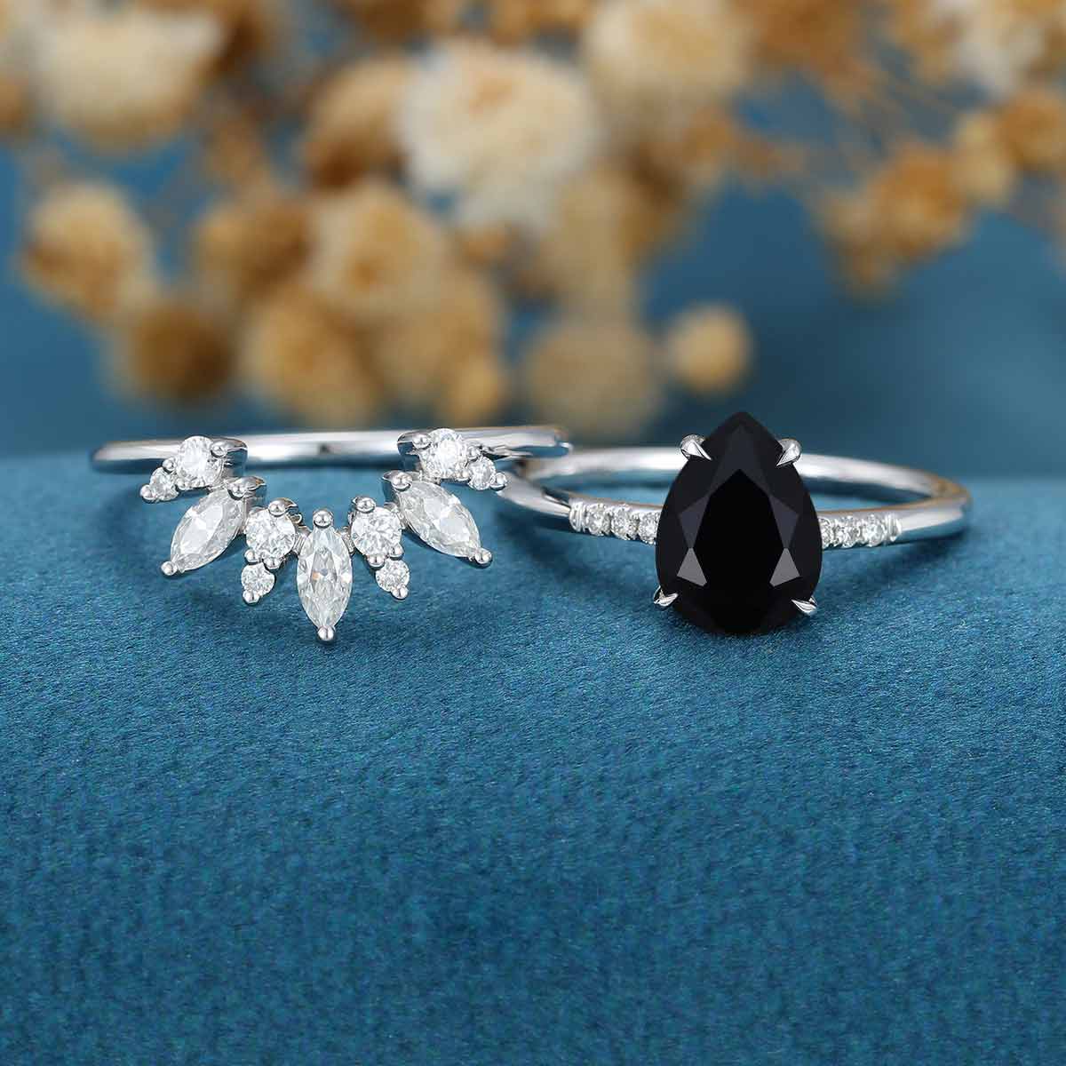 Pear Black Onyx Halo Diamond Engagement Ring Bridal Set 