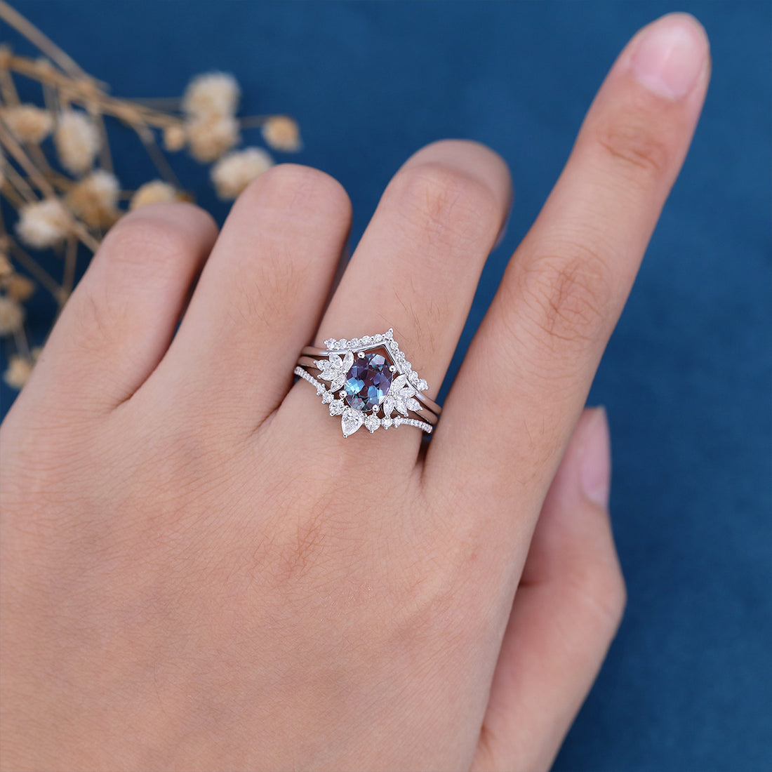 3PCS Oval Alexandrite Cluster Engagement ring Bridal Set