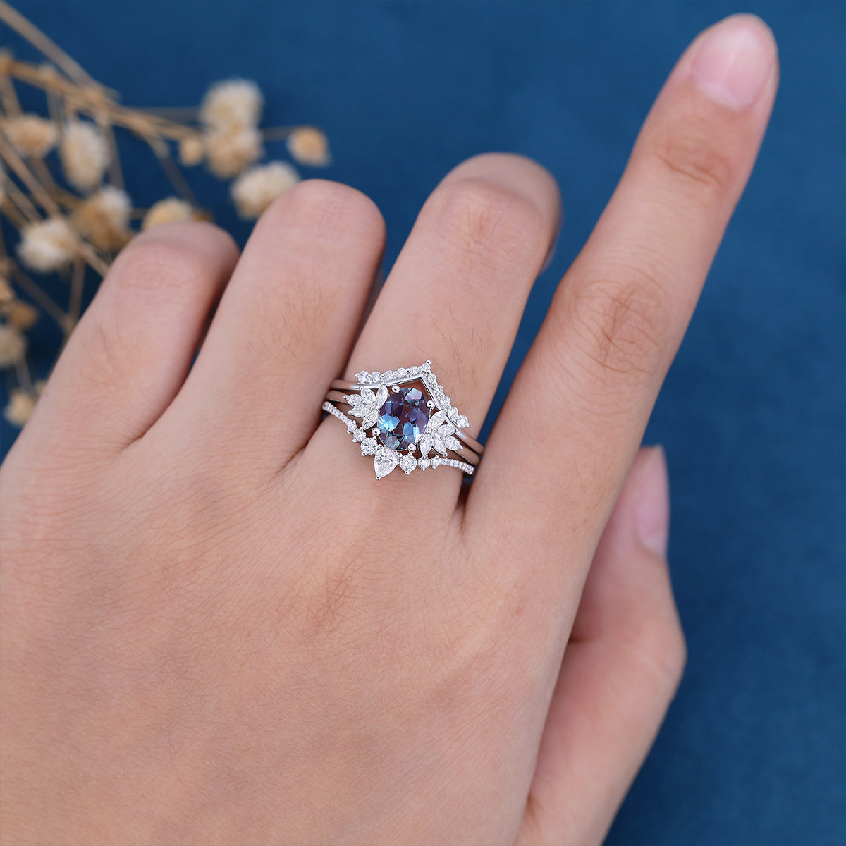 3PCS Oval Alexandrite Cluster Engagement ring Bridal Set 