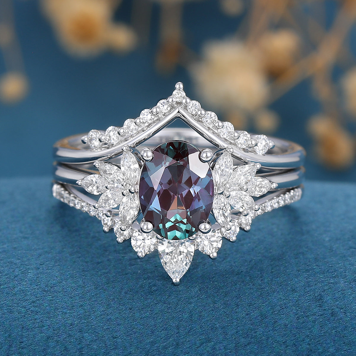 3PCS Oval Alexandrite Cluster Engagement ring Bridal Set 