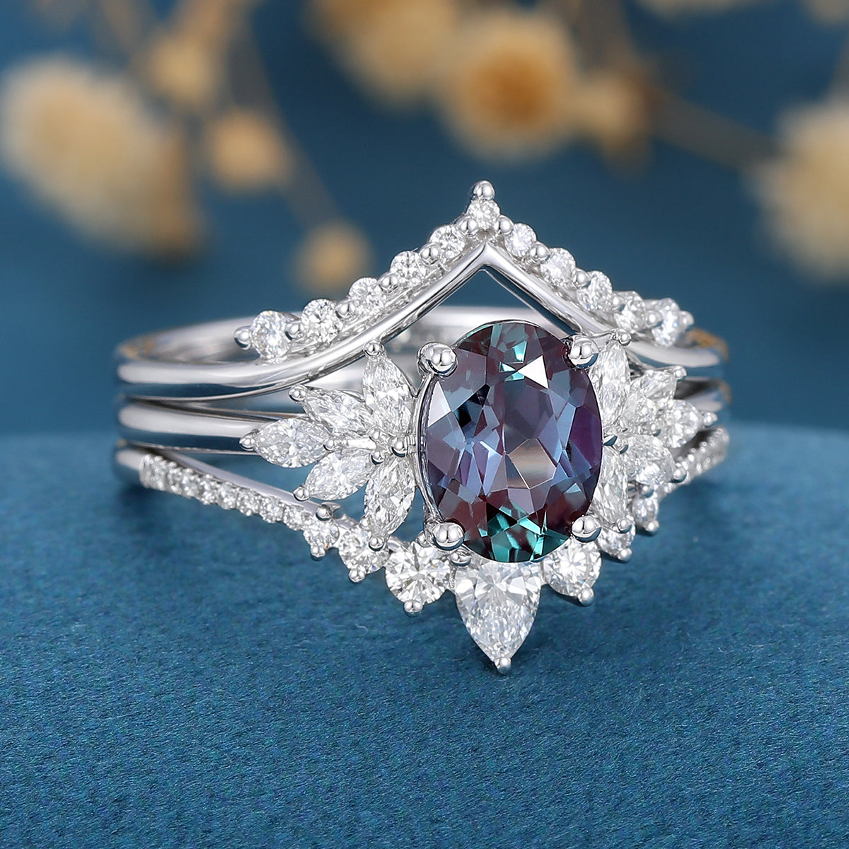 3PCS Oval Alexandrite Cluster Engagement ring Bridal Set 