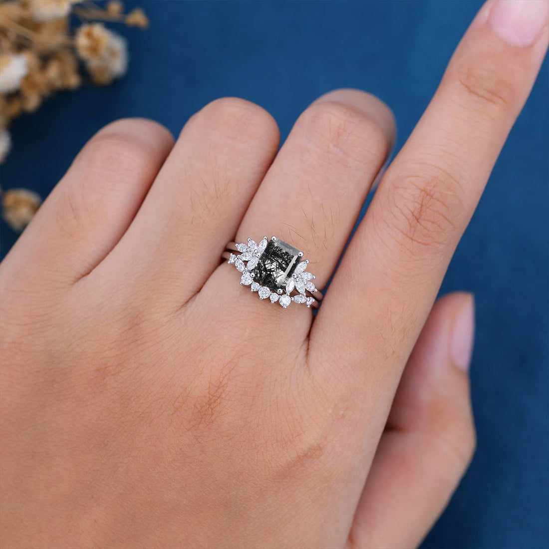 Emerald cut Black Rutilated Quartz Engagement ring Bridal Set