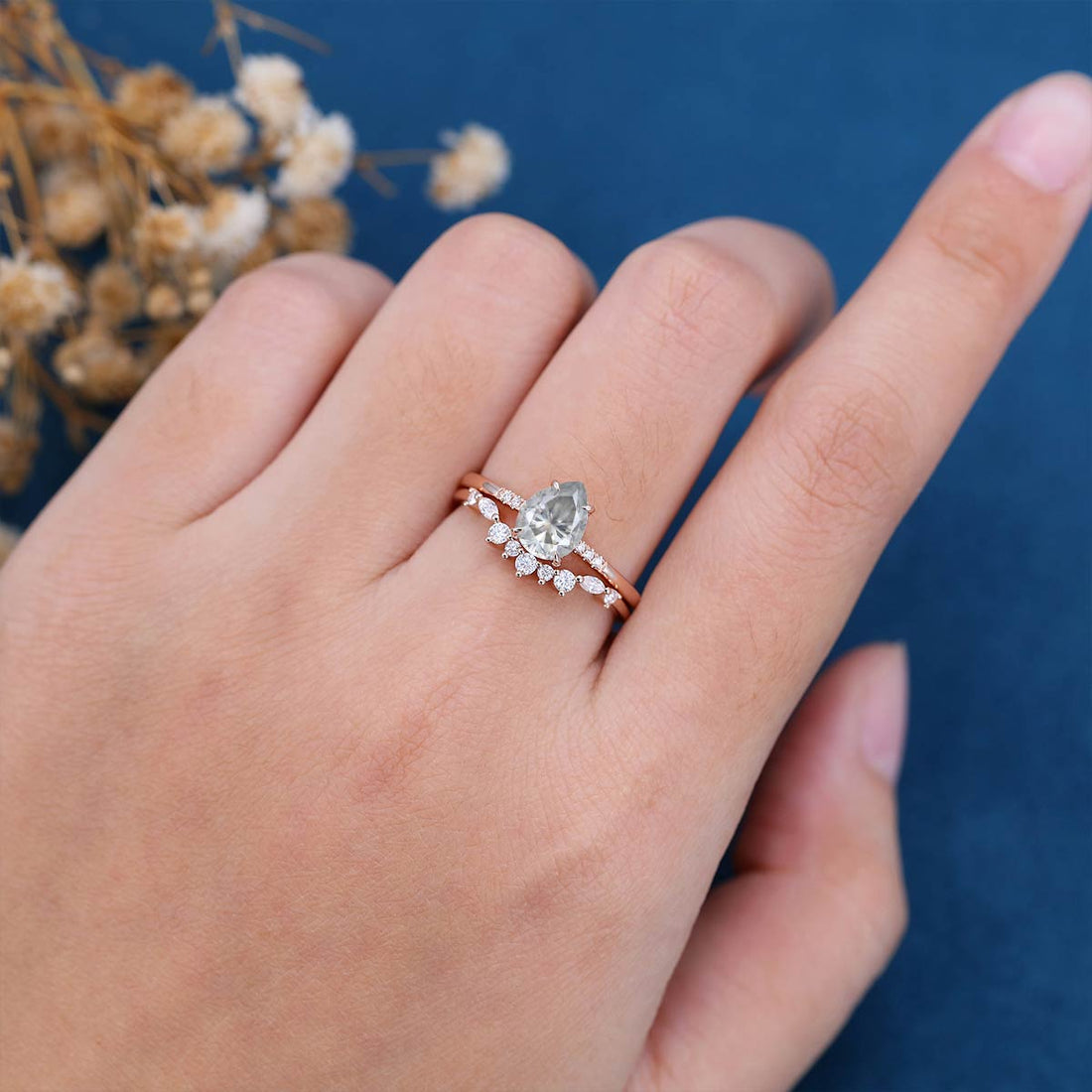 Pear Cut Gray Moissanite Engagement ring Bridal Set