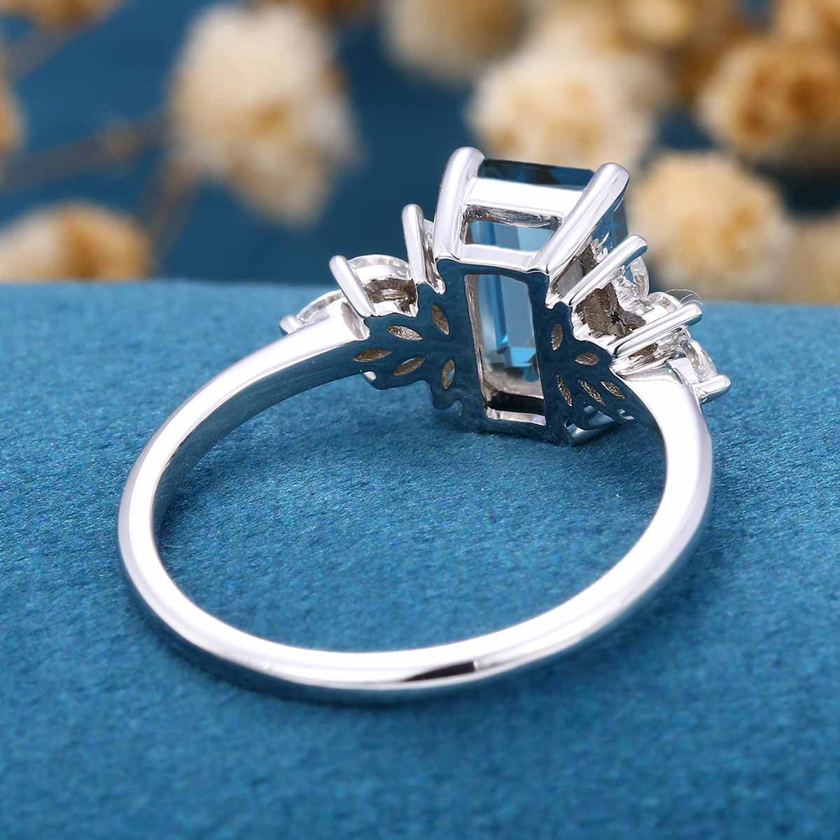 6*9mm Emerald cut London Blue Topaz Cluster Engagement Ring 