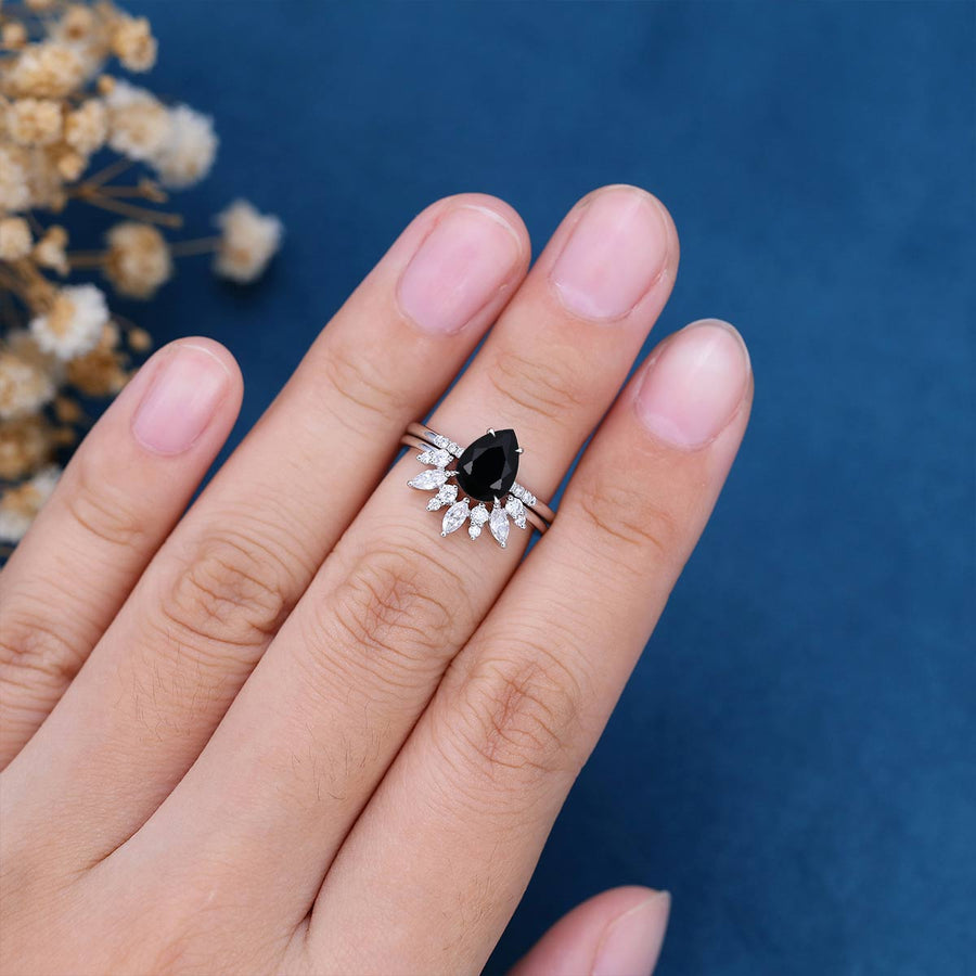 Pear Black Onyx Halo Diamond Engagement Ring Bridal Set 
