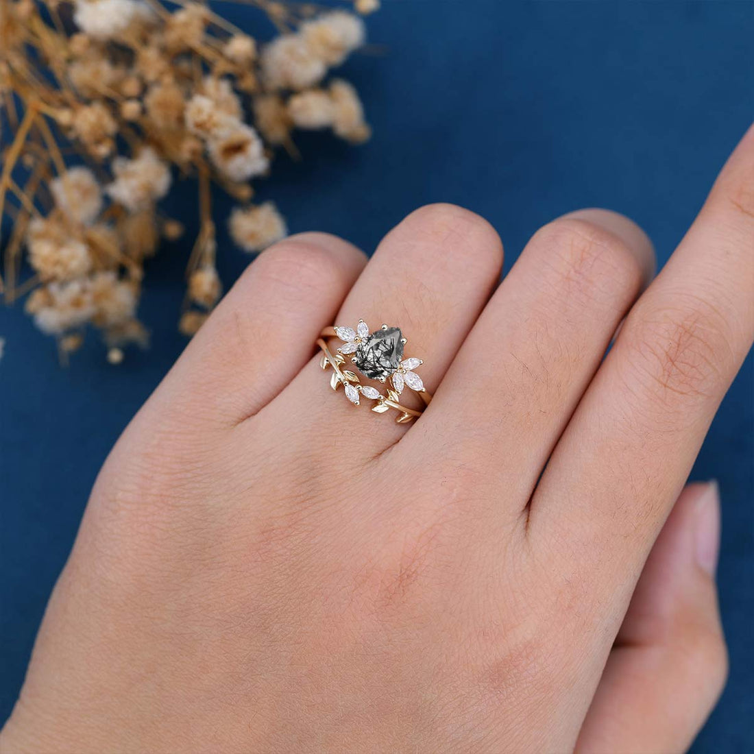 Pear cut Black Rutilated Quartz Engagement ring Bridal Set