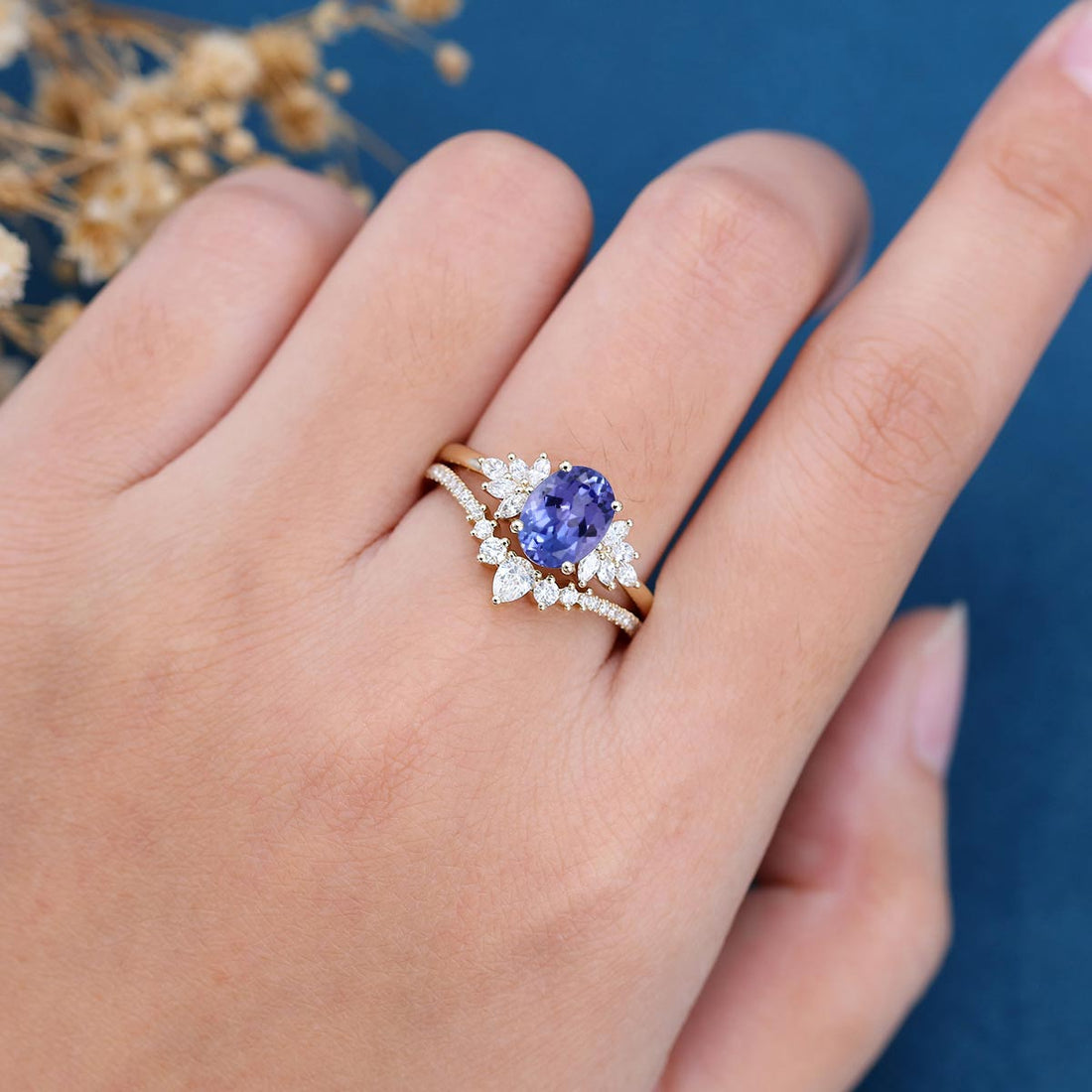 Oval cut Tanzanite Cluster Engagement ring Bridal Set