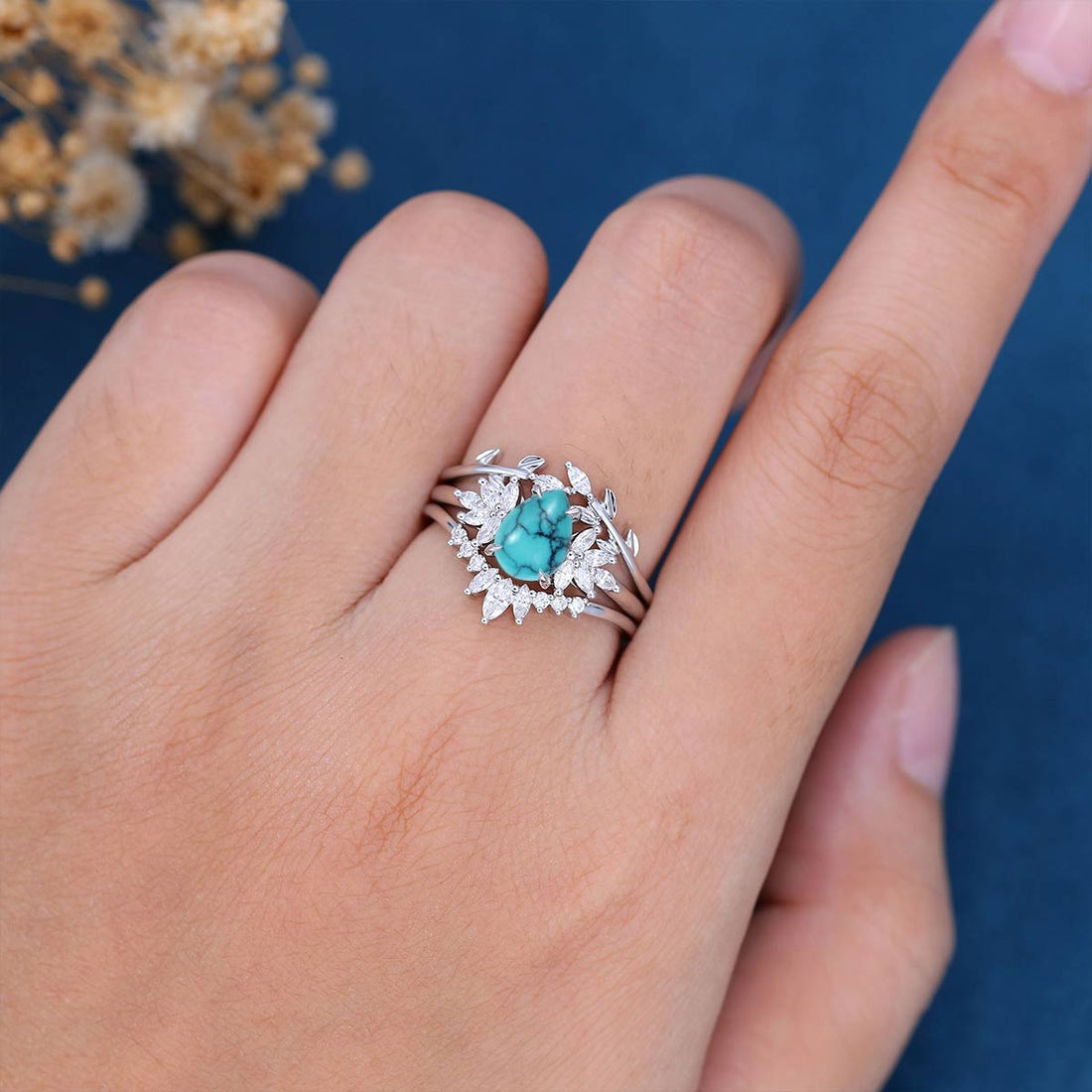 3PCS Pear Cut Turquoise Cluster Engagement ring Set Bridal Set