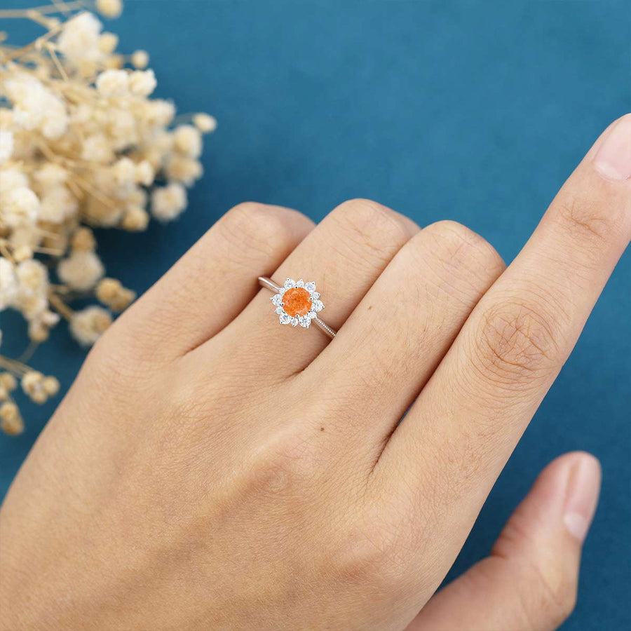5mm Round cut Sunstone Flower Halo Engagement ring 