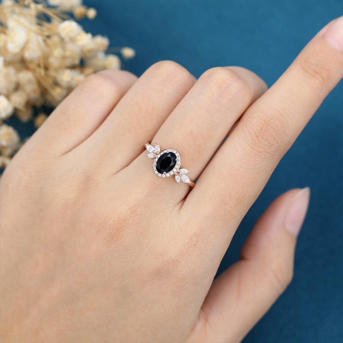 Oval cut Black Onyx Cluster Engagement Ring