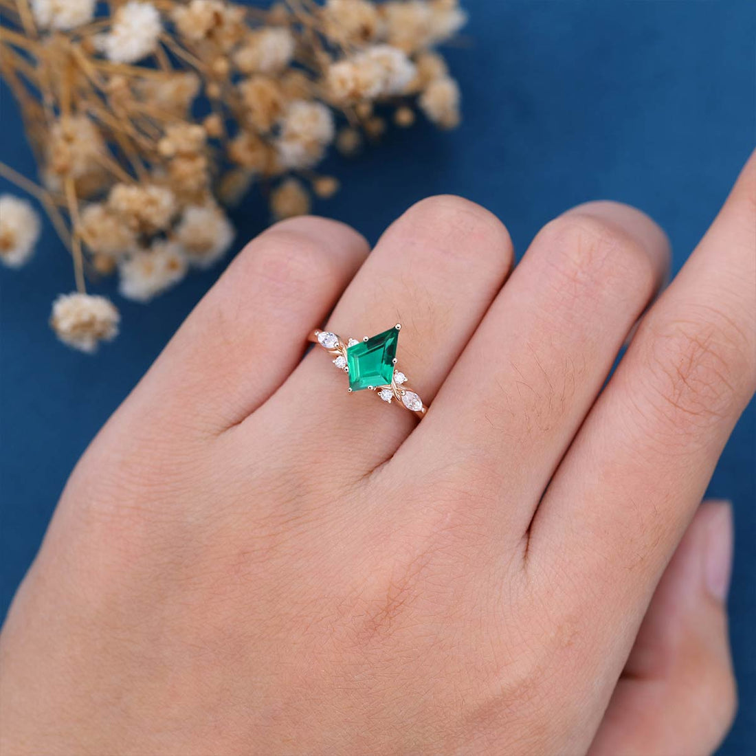 Kite Cut Lab Emerald Cluster Engagement Ring