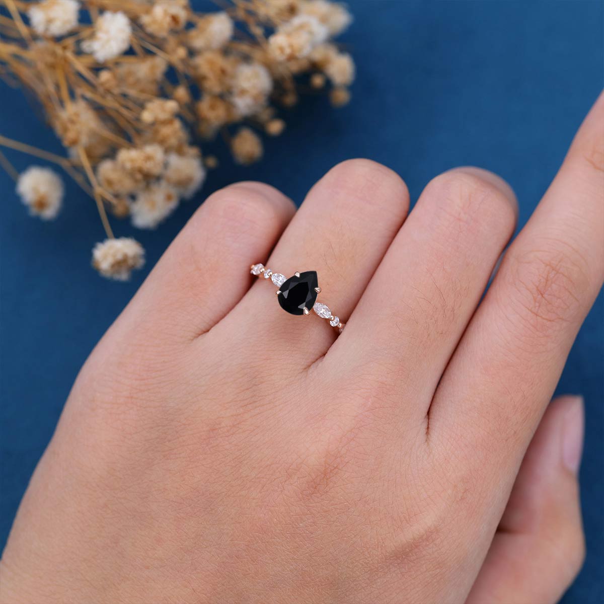 Pear cut Black Onyx Cluster Engagement Ring 