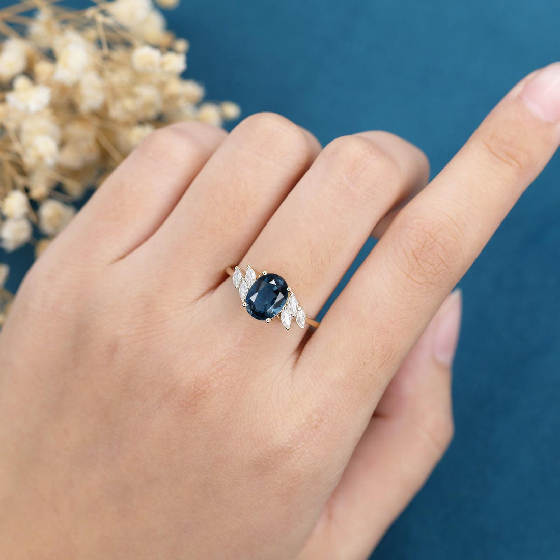 Oval cut  London Blue Topaz Cluster Engagement ring