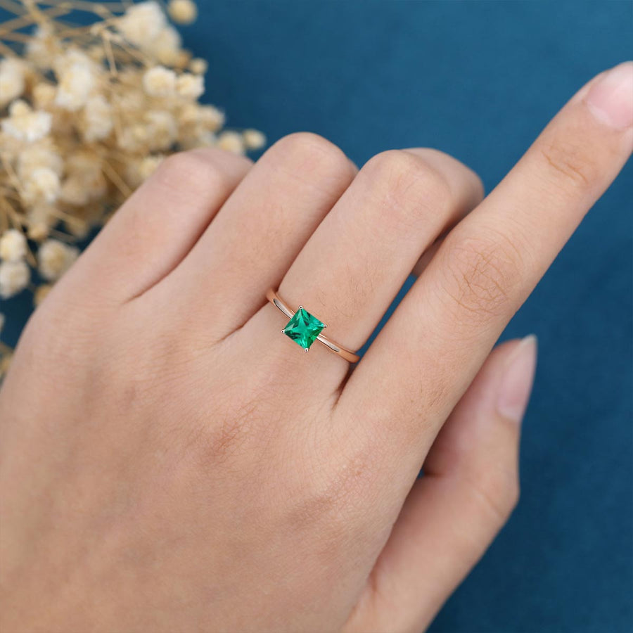 Princess cut Lab Emerald Solitaire Engagement ring 