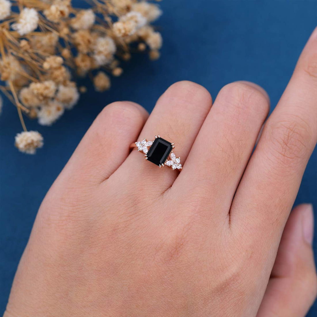 Emerald cut Black Onyx Cluster Engagement Ring