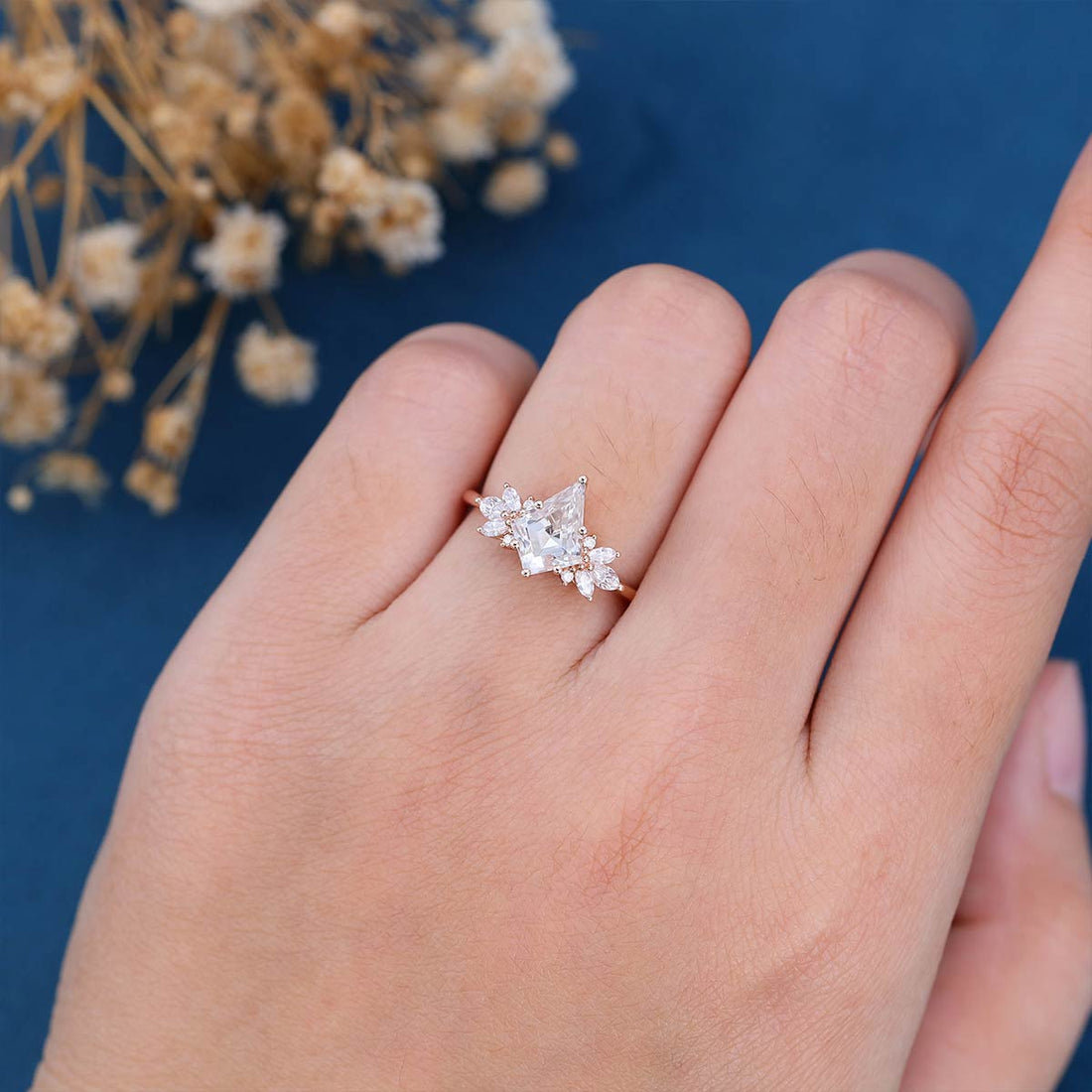 Kite cut Moissanite Cluster Engagement Ring