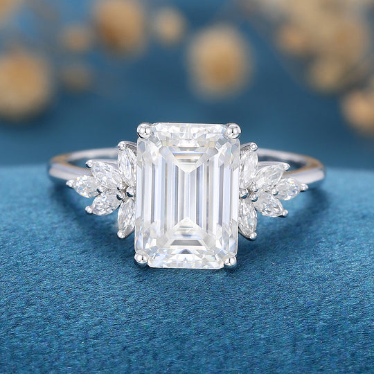 6*9mm 2.25 Carat Emerald cut Moissanite Cluster Engagement Ring 