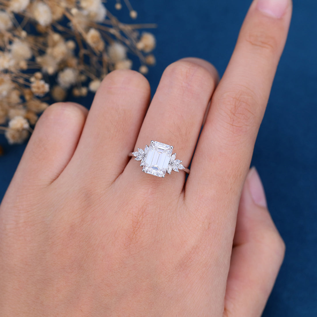 6*9mm 2.25 Carat Emerald cut Moissanite Cluster Engagement Ring 