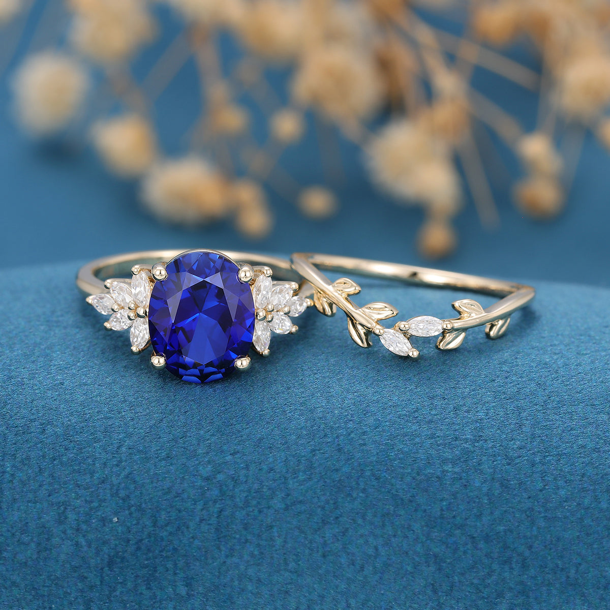 8*10mm Oval cut Sapphire Engagement ring Bridal Set 