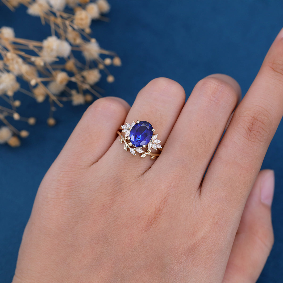8*10mm Oval cut Sapphire Engagement ring Bridal Set 